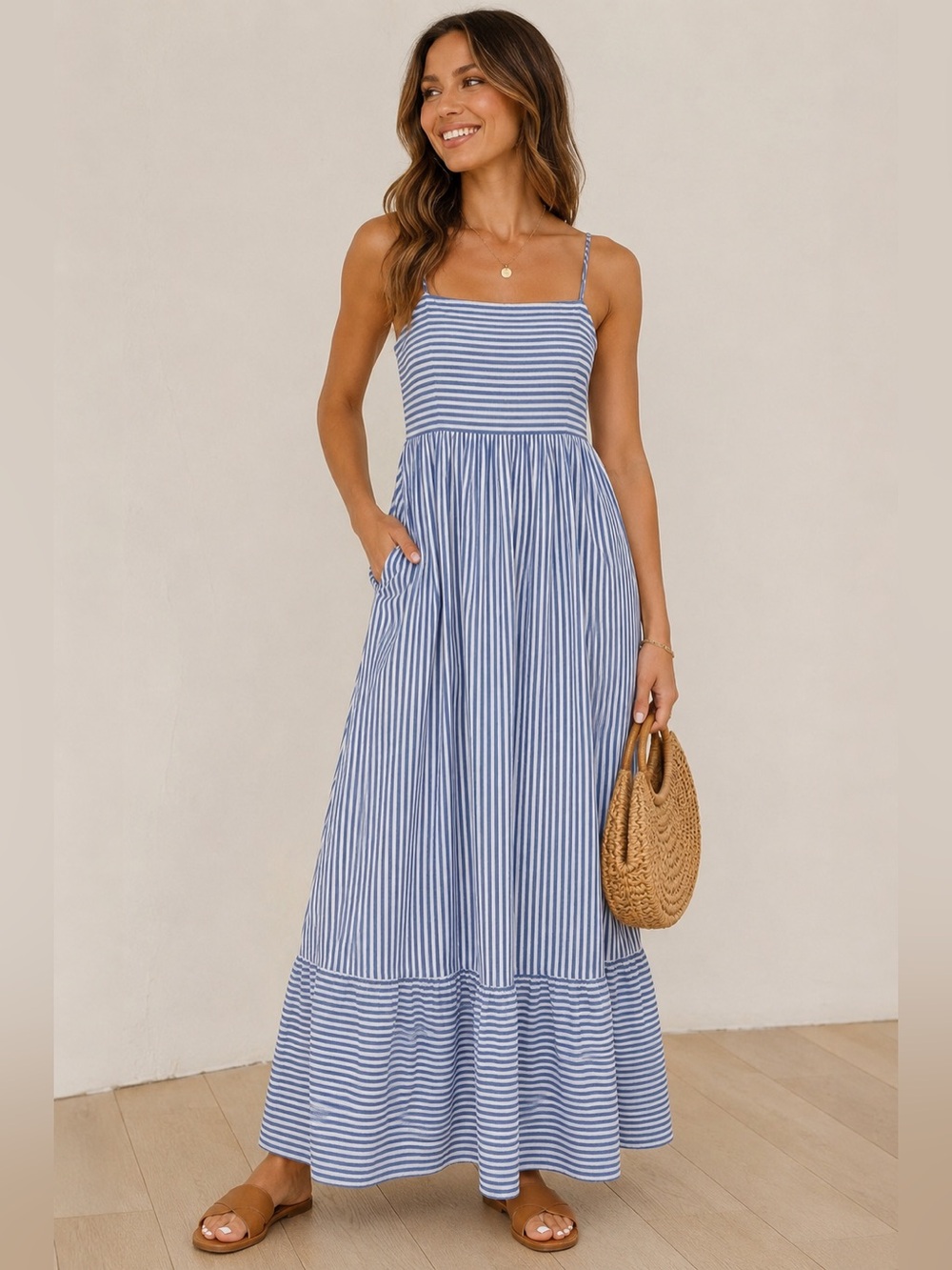 Blue and White Striped Spaghetti‑Strap Maxi Dress